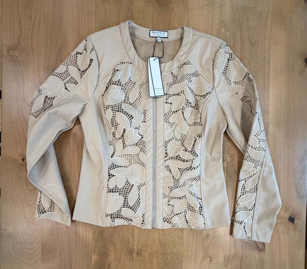 Bagatelle Collection Beige Faux Leather Laser Cut Lace Embroidered Jacket M